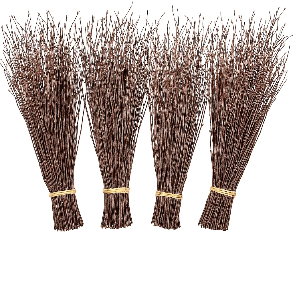 Four upright bundles of dense birch twigs tied with twine, arranged in a row against a bright white background for floral or rustic decor use.